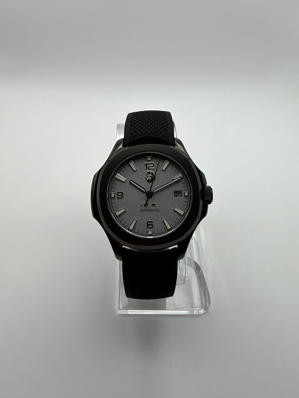 Sentinel front view showing the gray dial, date window and black case.
