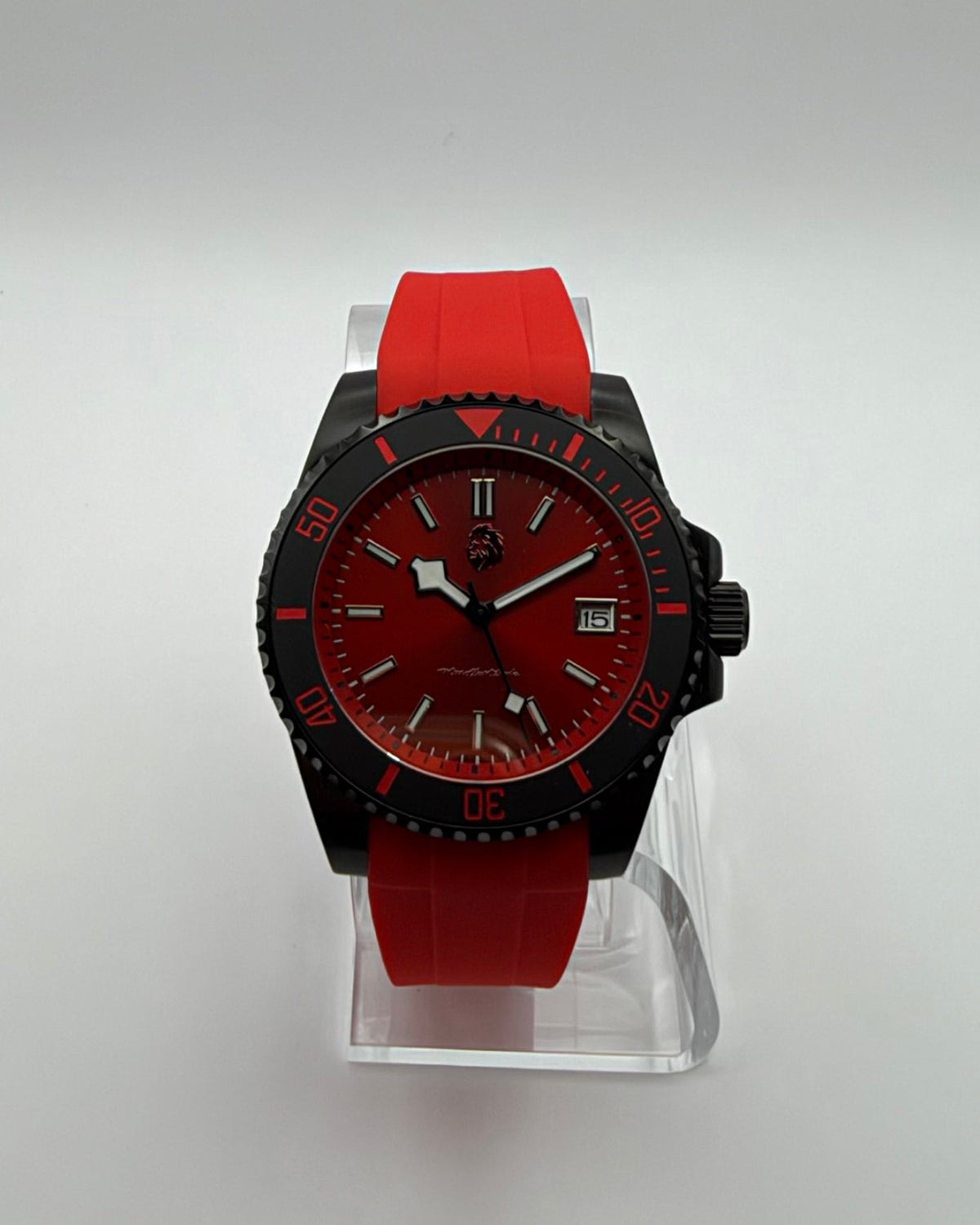 STOIC The Pyra: Front view of the red dial, black bezel and red strap.