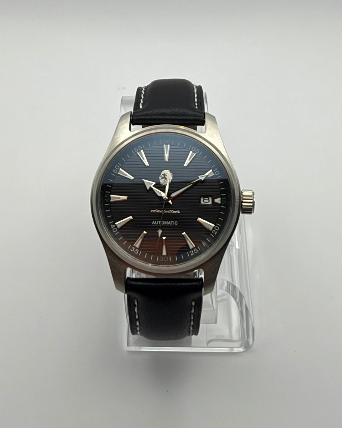 STOIC The Resolute: Front view of the black dial and dark strap.