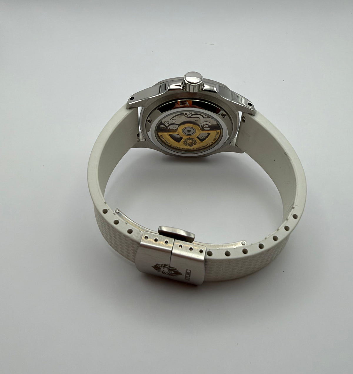 STOIC The Aether Aqua: Exhibition caseback and white strap