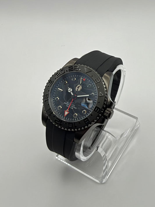 Revenant at an angle, with a dark skull-pattern dial, red arrow hand and black strap.