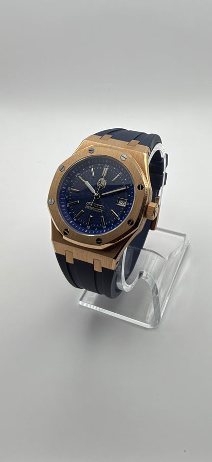 Meridian at an angle, showing its blue dial, gold-tone case and dark blue strap.
