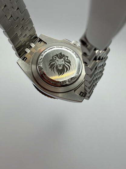STOIC The Tidal: Engraved lion caseback close-up