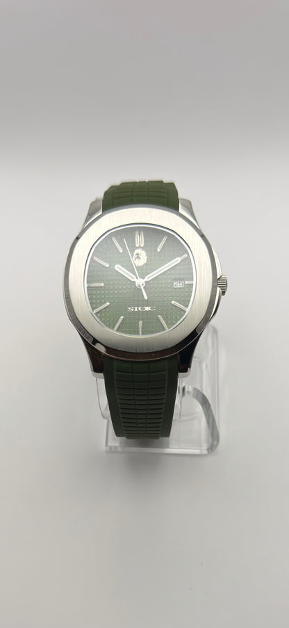 Viridian front view showing its green grid dial, date window and matching green strap.