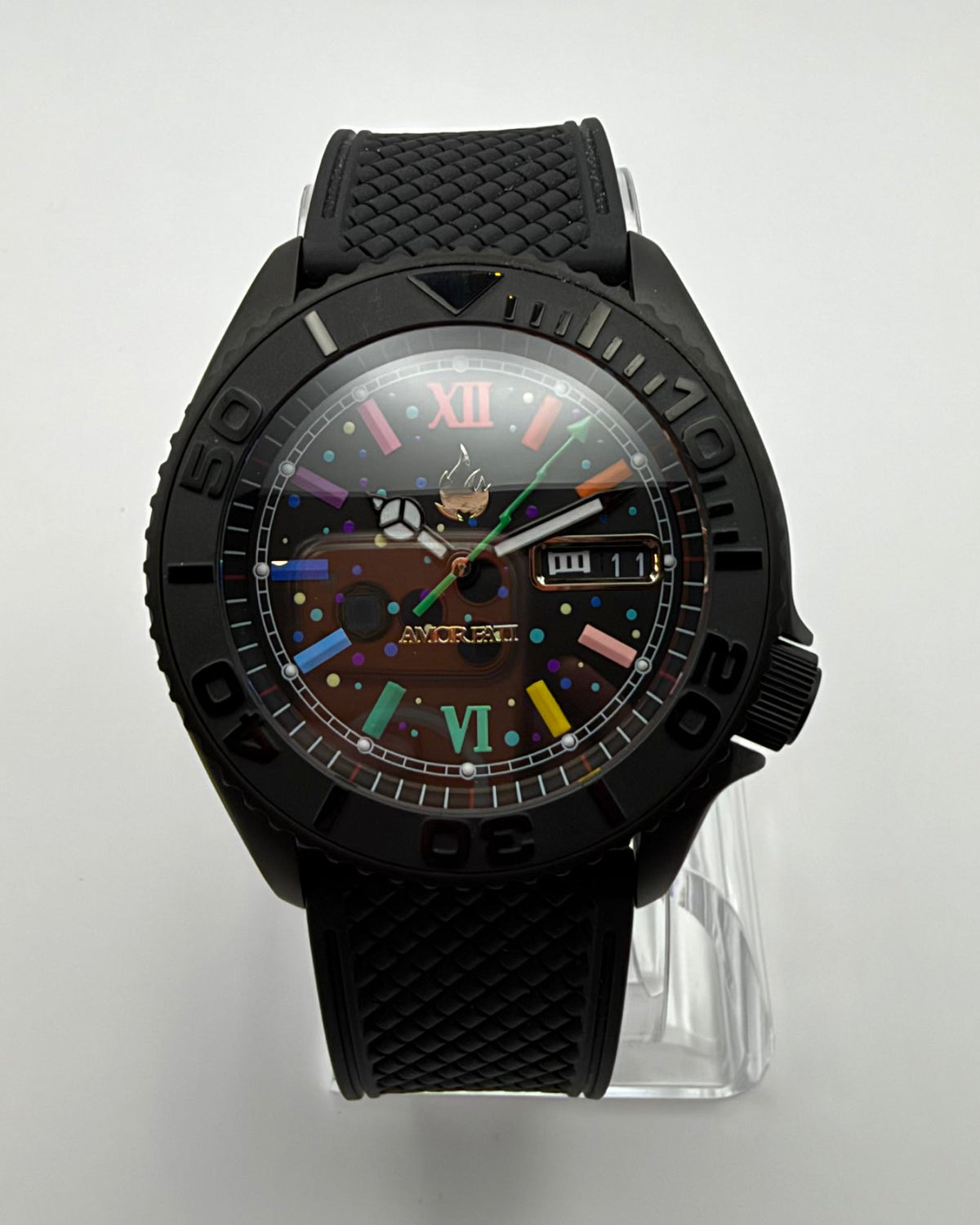 STOIC The Ardor: Front view of the black dial, multicolored markers and black strap.