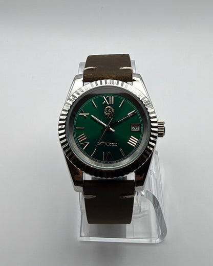 STOIC The Verdant: Front view of the green dial, Roman-numeral markers and brown strap.
