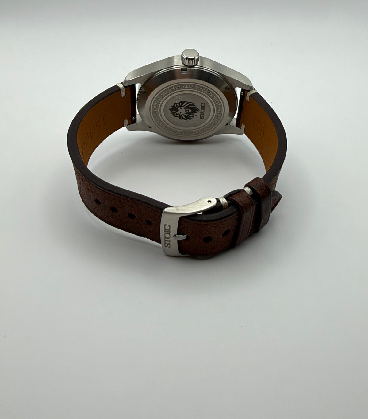STOIC The Pathfinder: Caseback and leather strap view