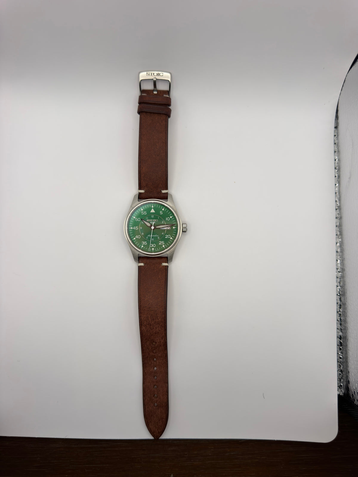 STOIC The Pathfinder: Full front view with brown leather strap